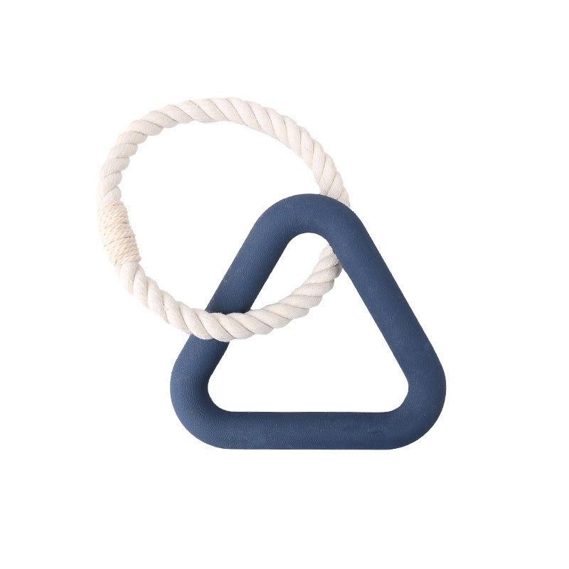 Navy rubber triangle dog tug toy linked to a twisted rope loop