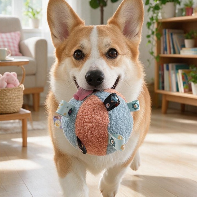 Plush Squeaky Dog Ball with Ribbon Tabs for Small Dogs