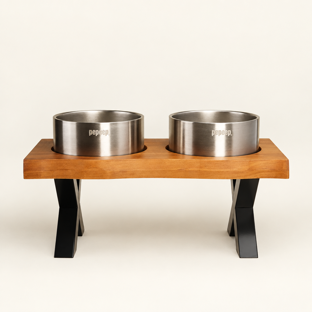 Raised Double Pet Bowl Stand – Ceramic, Stainless Steel or Slow Feeder Bowls