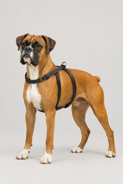 Boxer wearing the black leather harness in our grey studio