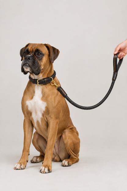 Boxer wearing the braided collar and matching lead