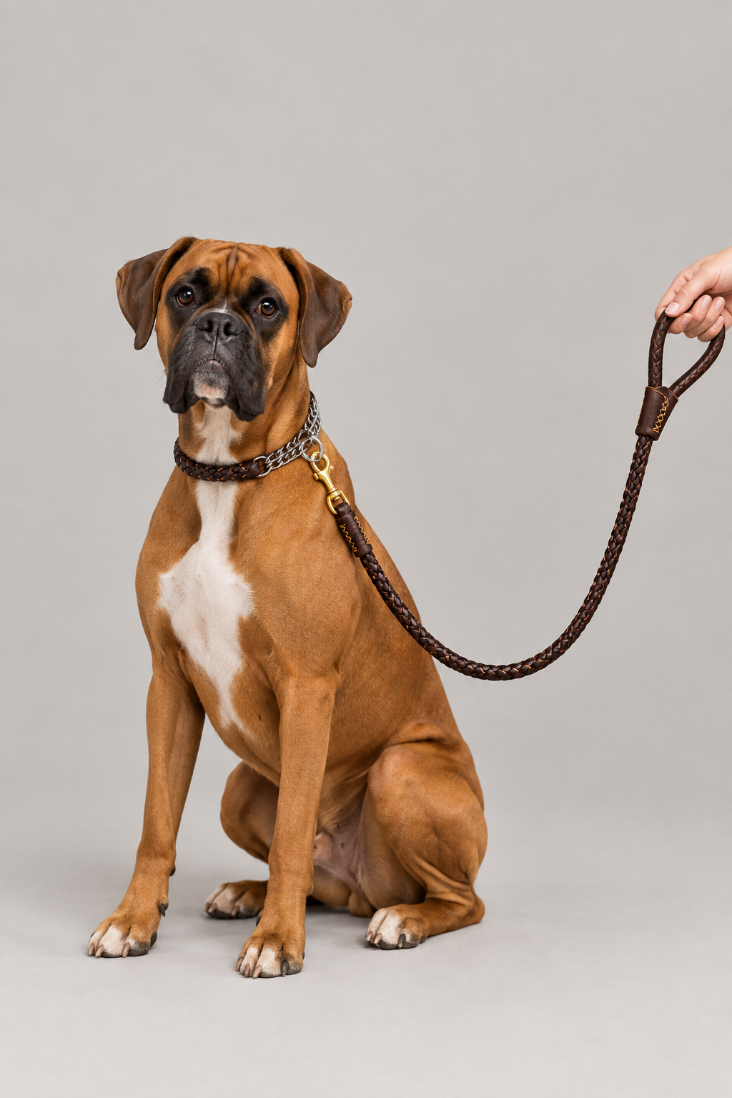 Boxer wearing the brown braided collar and lead set