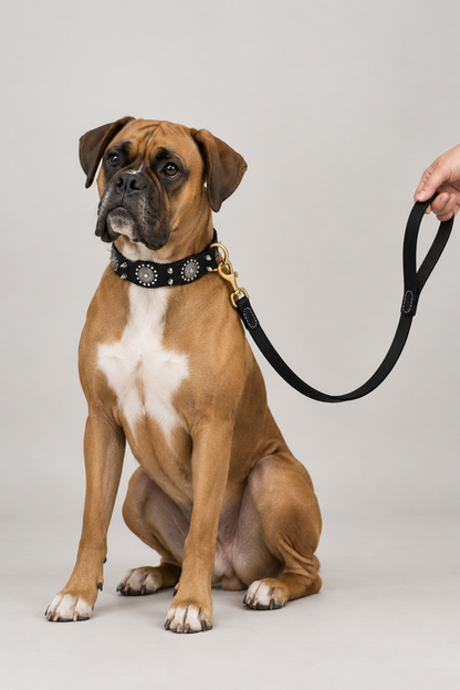 Boxer wearing the decorated black collar and matching lead