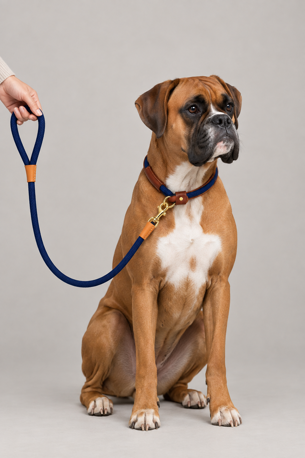 Boxer wearing the navy rope and leather collar and lead set