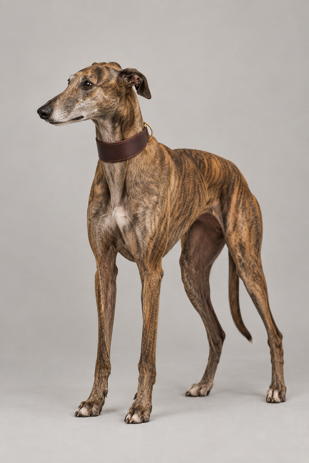 Brindle greyhound wearing Chestnut Leather Hound Collar