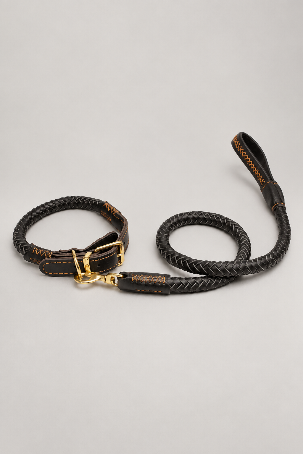 Brown braided collar and lead, studio view 2