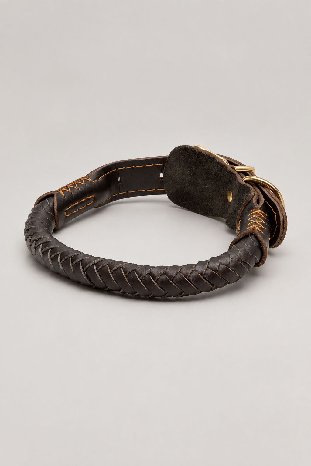 Brown braided collar and lead, studio view 6