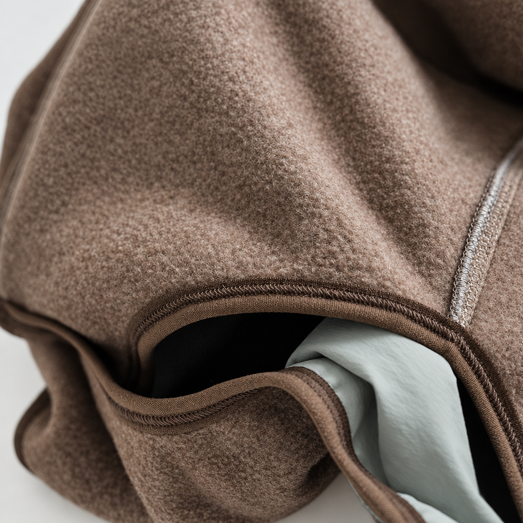 Brown fleece stitching close-up