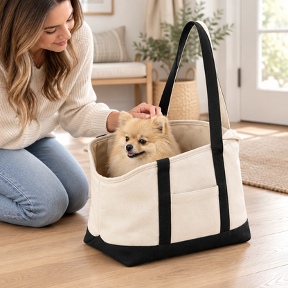 Canvas Pet Tote Bag – Small Dog and Cat Carrier with Front Opening, Safety Clip and Pocket, 31 x 24 x 22 cm