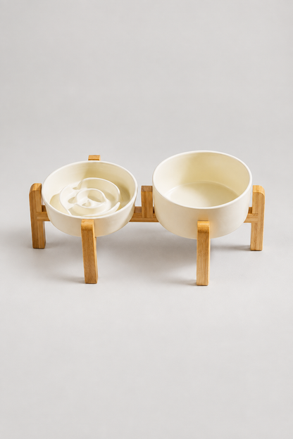 Cream raised double bowl set