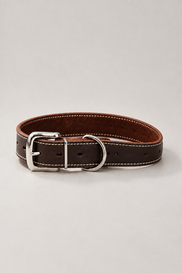 Full-Grain Leather Dog Collar with Silver Buckle – 4mm Cowhide, XS to L