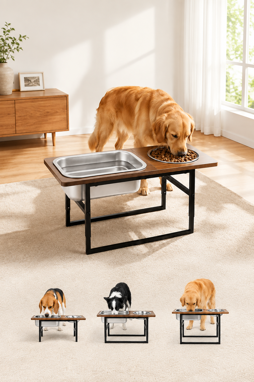 Dog using the feeder, text-removal and portrait resize