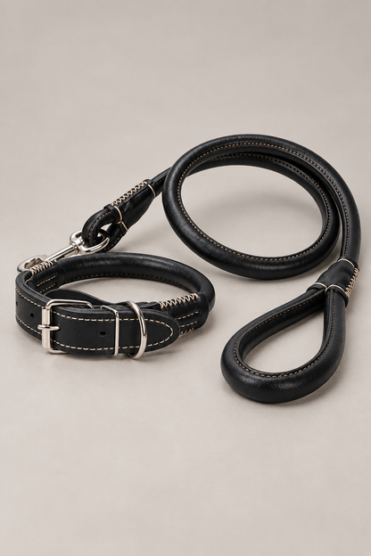 PU leather dog collar and lead set in Black