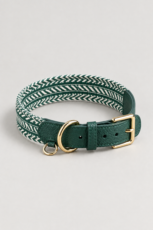Herringbone leather dog collar in Forest Green