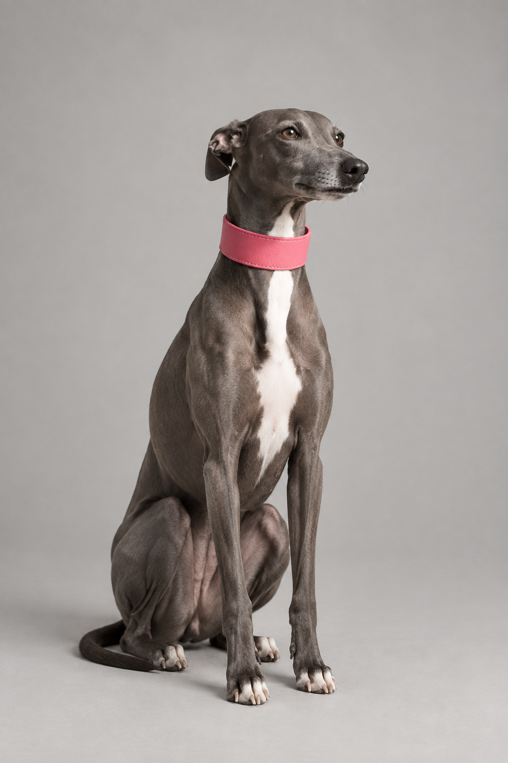 Grey hound wearing a pink collar in the light-grey studio