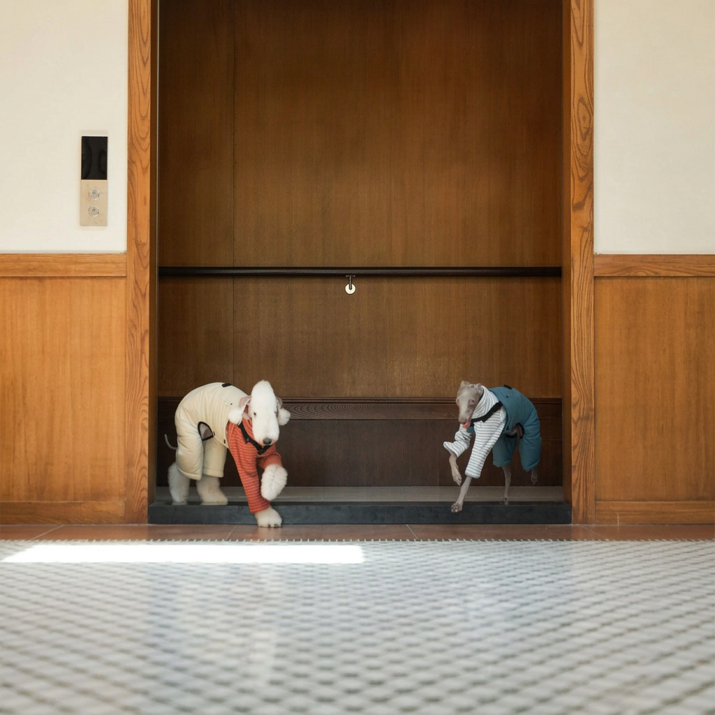 Two dogs stepping from a wood-panelled doorway in Beige and Blue Winter Workwear overalls, worn over separate striped tops.