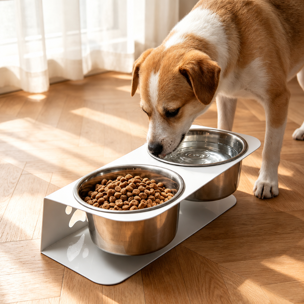 Dog drinking from a white raised double pet bowl stand