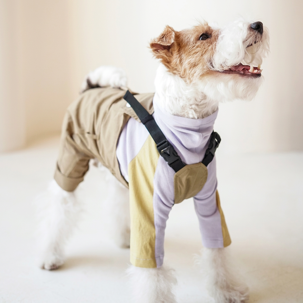 Terrier wearing Beige Urban Explorer rear-leg dog overalls with black straps and buckles over a separate lilac-and-yellow top; top inclusion is unconfirmed.