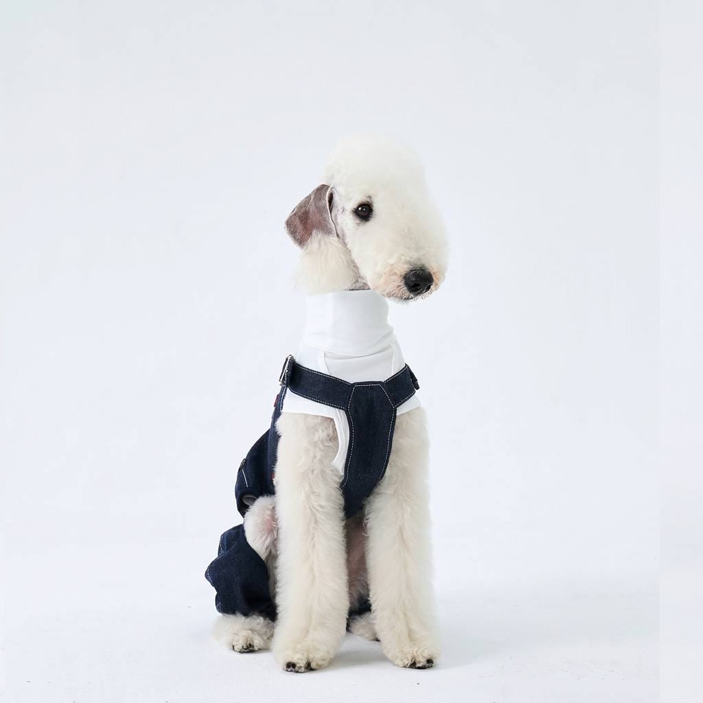 White dog seated facing forward in dark indigo denim dungarees, showing the front straps and open front legs; white top is a separate styling item.
