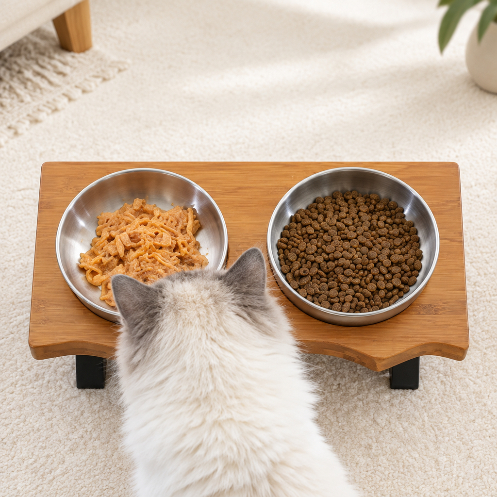 Cat feeding from double bowls