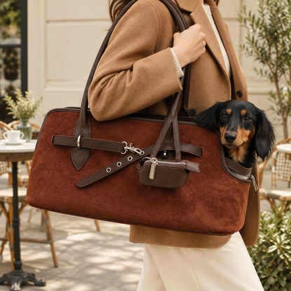 Suede-Feel Pet Tote Bag – Small Dog and Cat Carrier with Safety Leash, Hand or Shoulder Carry, Reddish Brown
