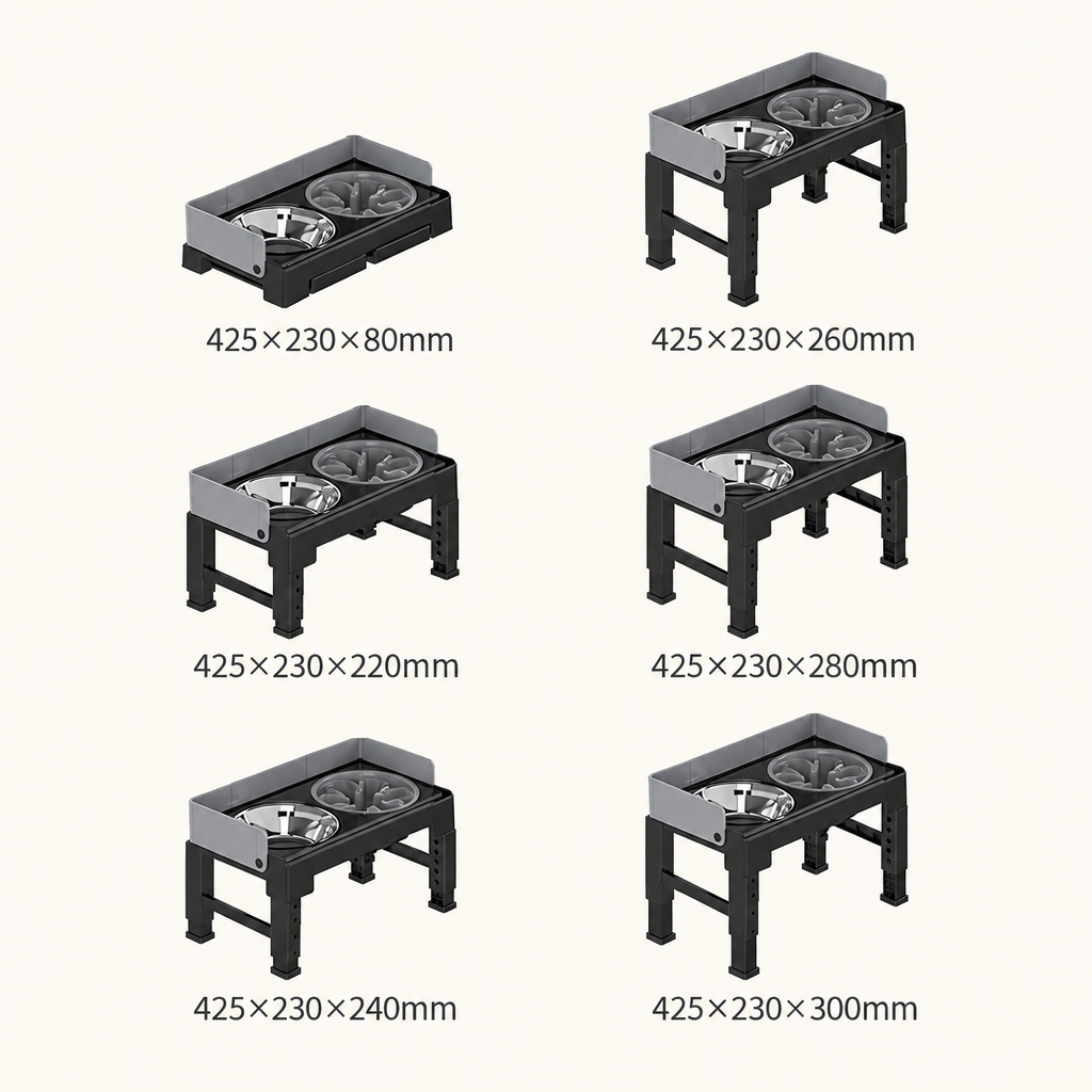 Six feeder height configurations with measurement captions