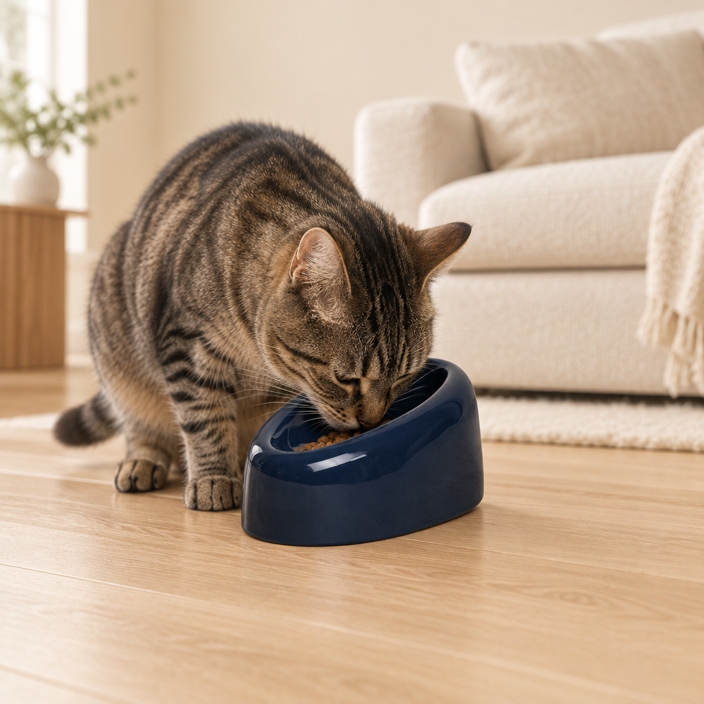 Tabby cat with navy bowl