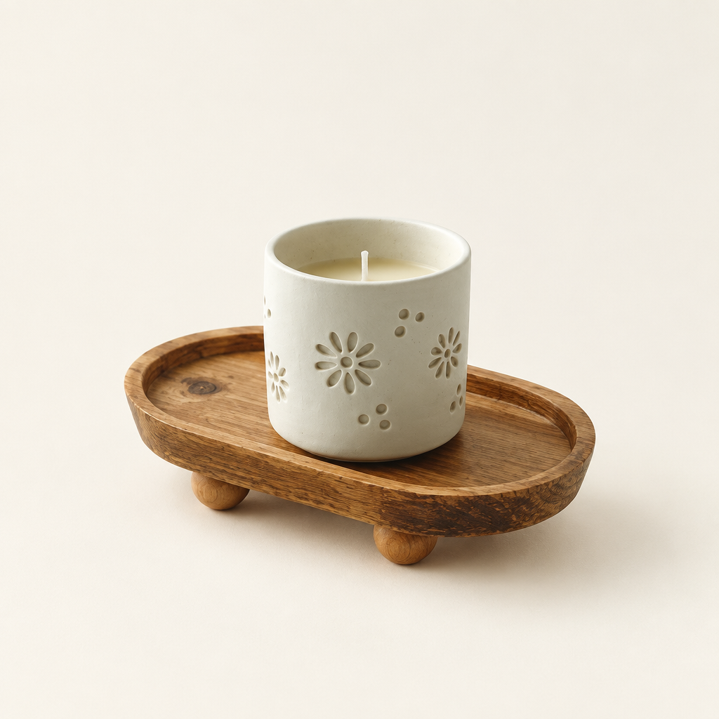 Candle vessel on wooden tray