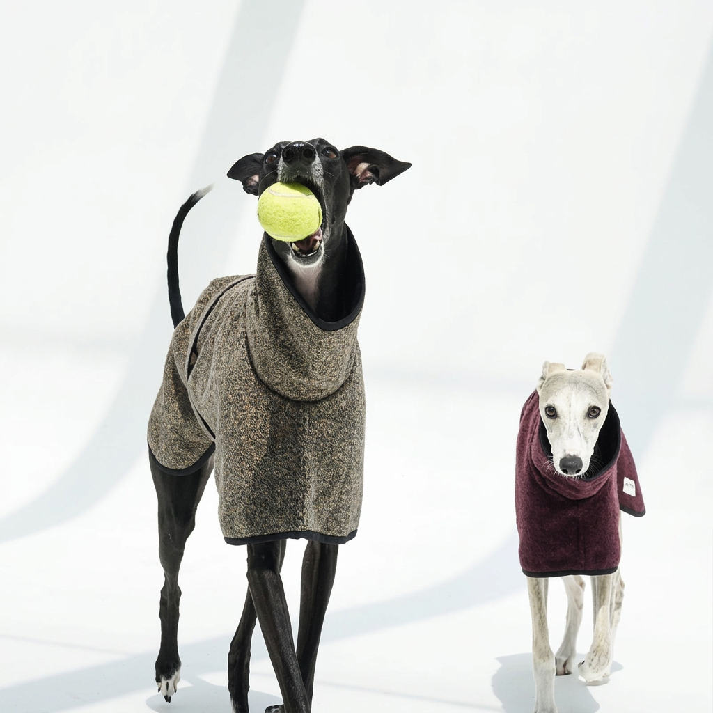 Black dog holding a tennis ball in a brown-taupe Metropolitan coat beside a white dog in the plum coat; tennis ball is not included.