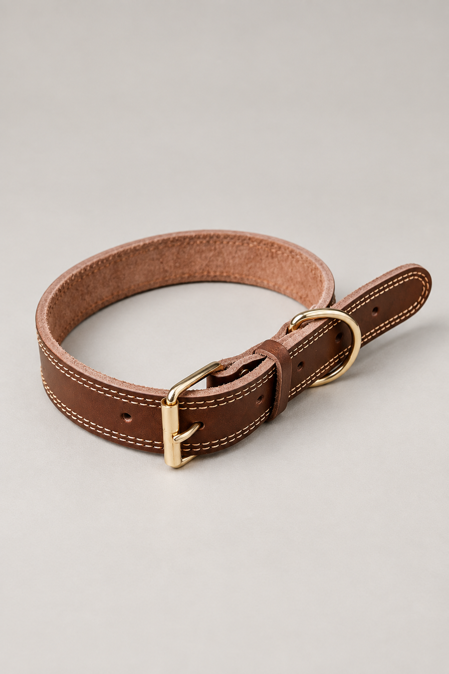 Double-stitched leather dog collar in Dark Brown