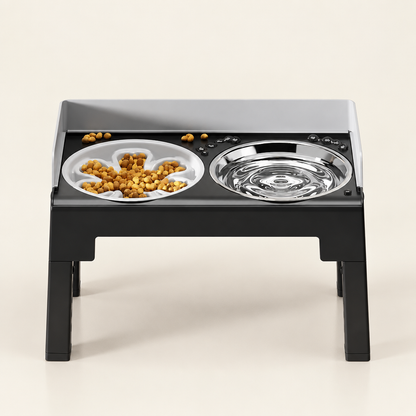 Front view of black adjustable feeder with grey splash guard