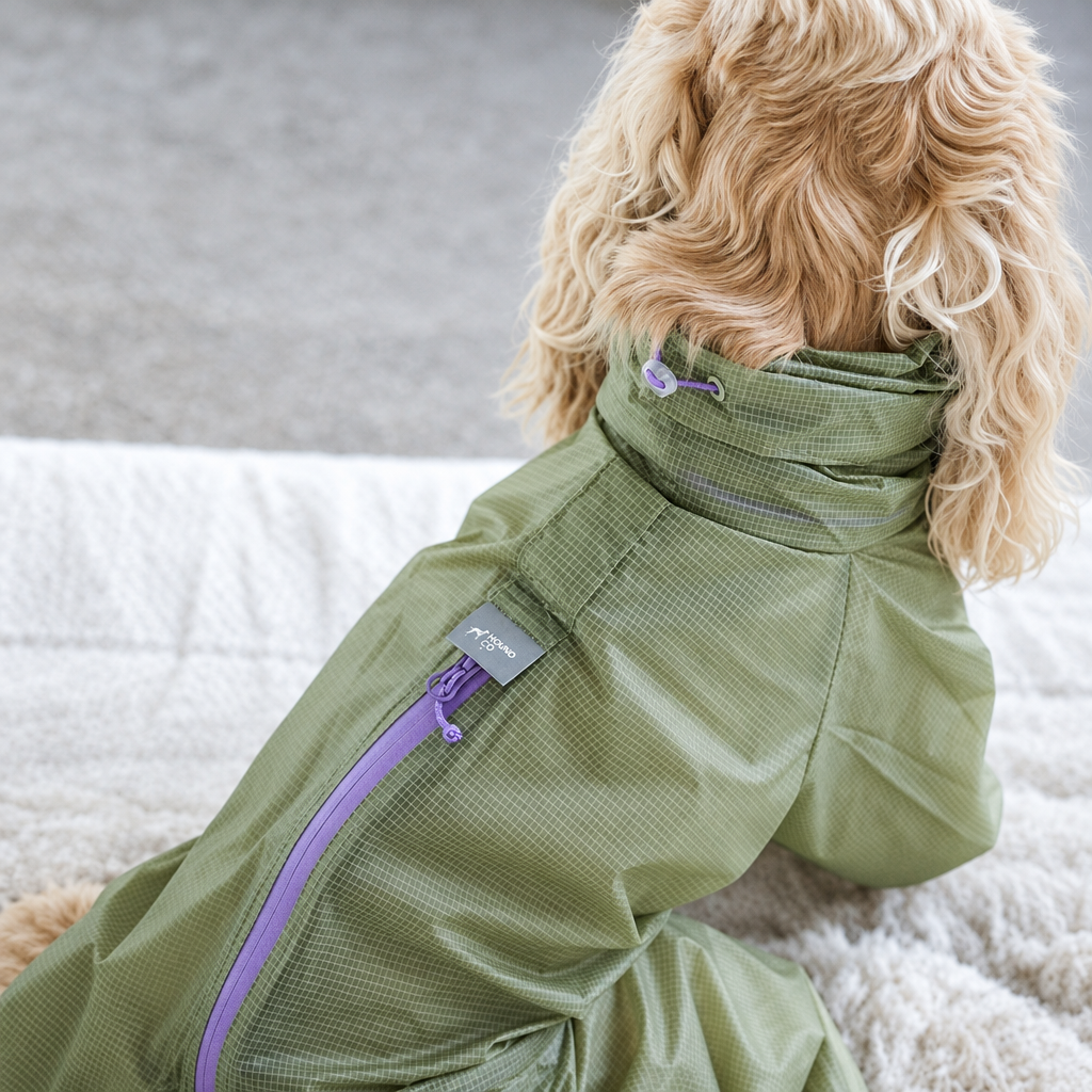Close-up of the Mist Green LightShield rain suit on a spaniel, showing grid-textured nylon, purple back zip and sewn label.