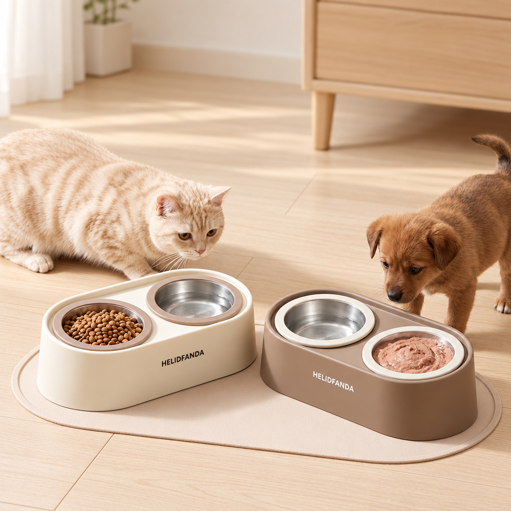 Cat and puppy beside cream and brown double pet feeders