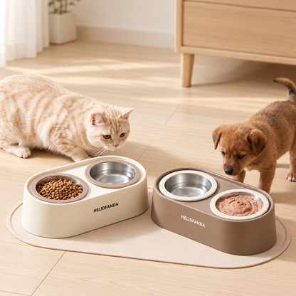 Cat and puppy beside cream and brown double pet feeders