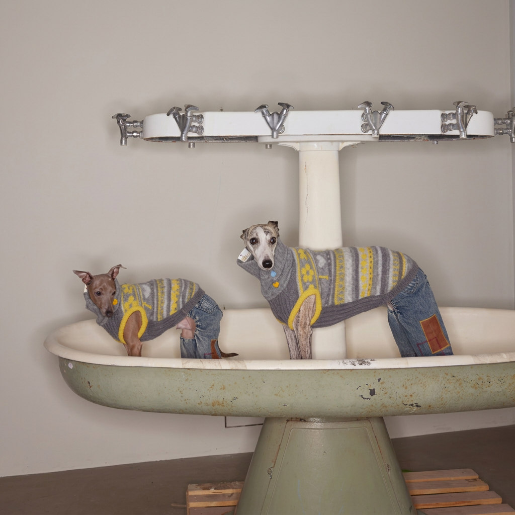 Two dogs wearing grey and yellow patterned Love You, Mum knitted jumpers in a vintage sink; denim trousers are separate styling items.