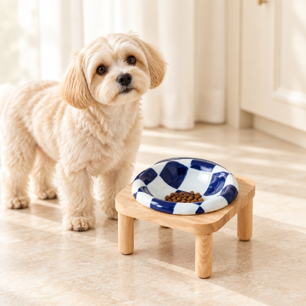 Small dog beside blue checkerboard bowl