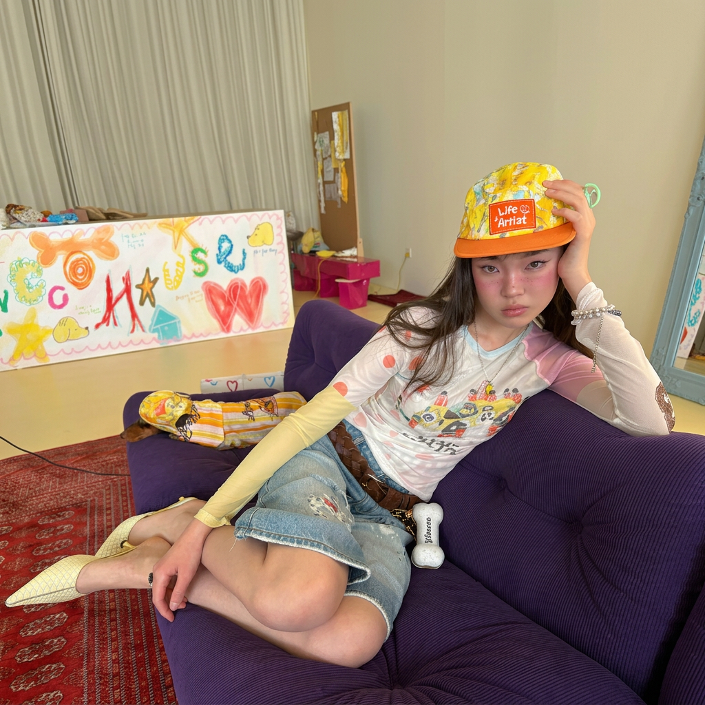 Model sitting on a purple sofa wearing the yellow Citrus Explorer human cap with orange brim and sewn Life Artist patch; other clothing and accessories are separate.