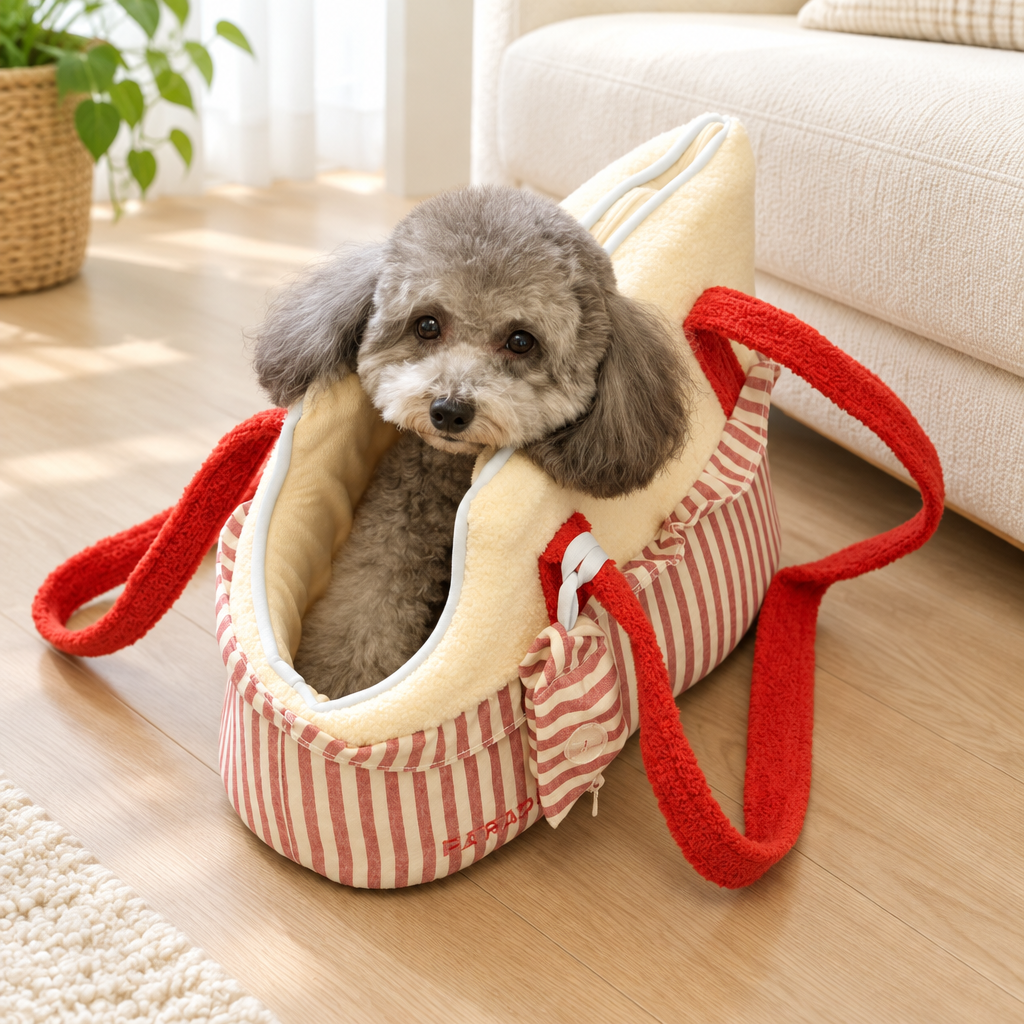 Small grey poodle in a striped pet carrier with red handles beside a sofa