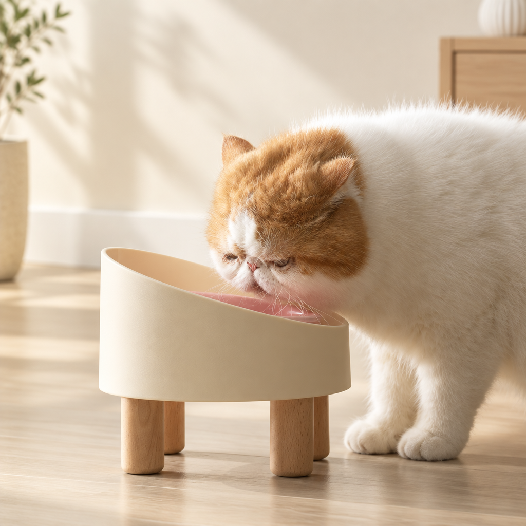 Cat using a pink bowl in a cream stand with wooden legs