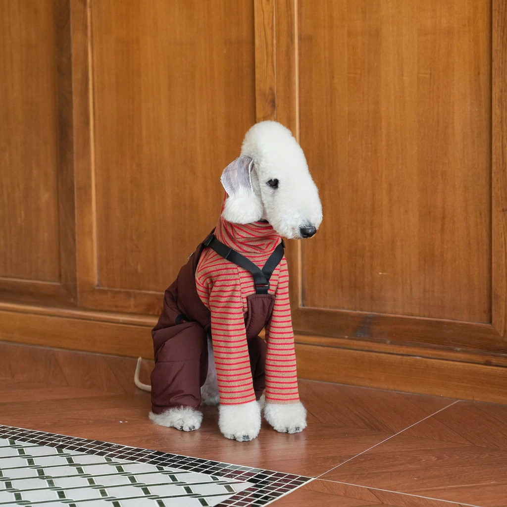 Seated white dog in burgundy Red Winter Workwear overalls beside a wooden wall, showing rear-leg coverage and black straps; striped top is separate.