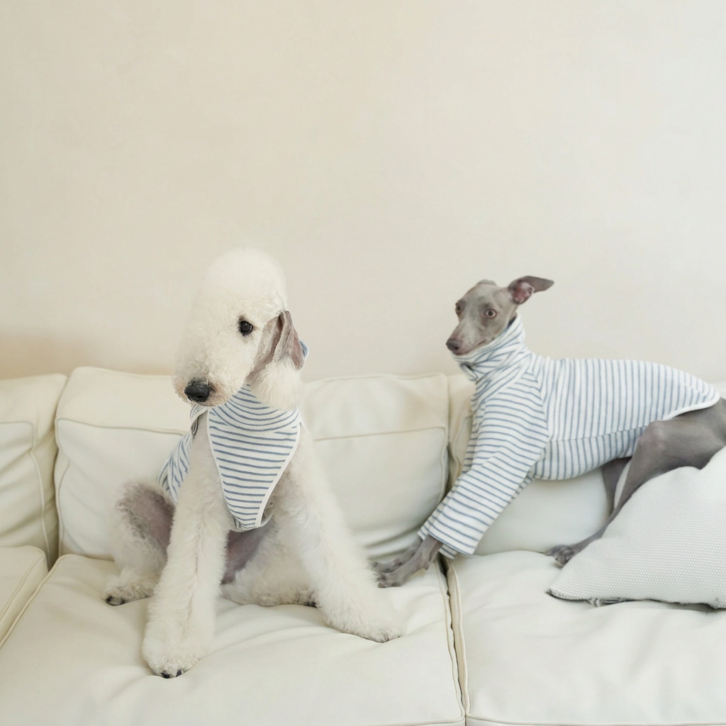 Two dogs on a cream sofa in pale striped garments: left wears the sleeveless vest; right wears a long-sleeved style not offered in this listing.