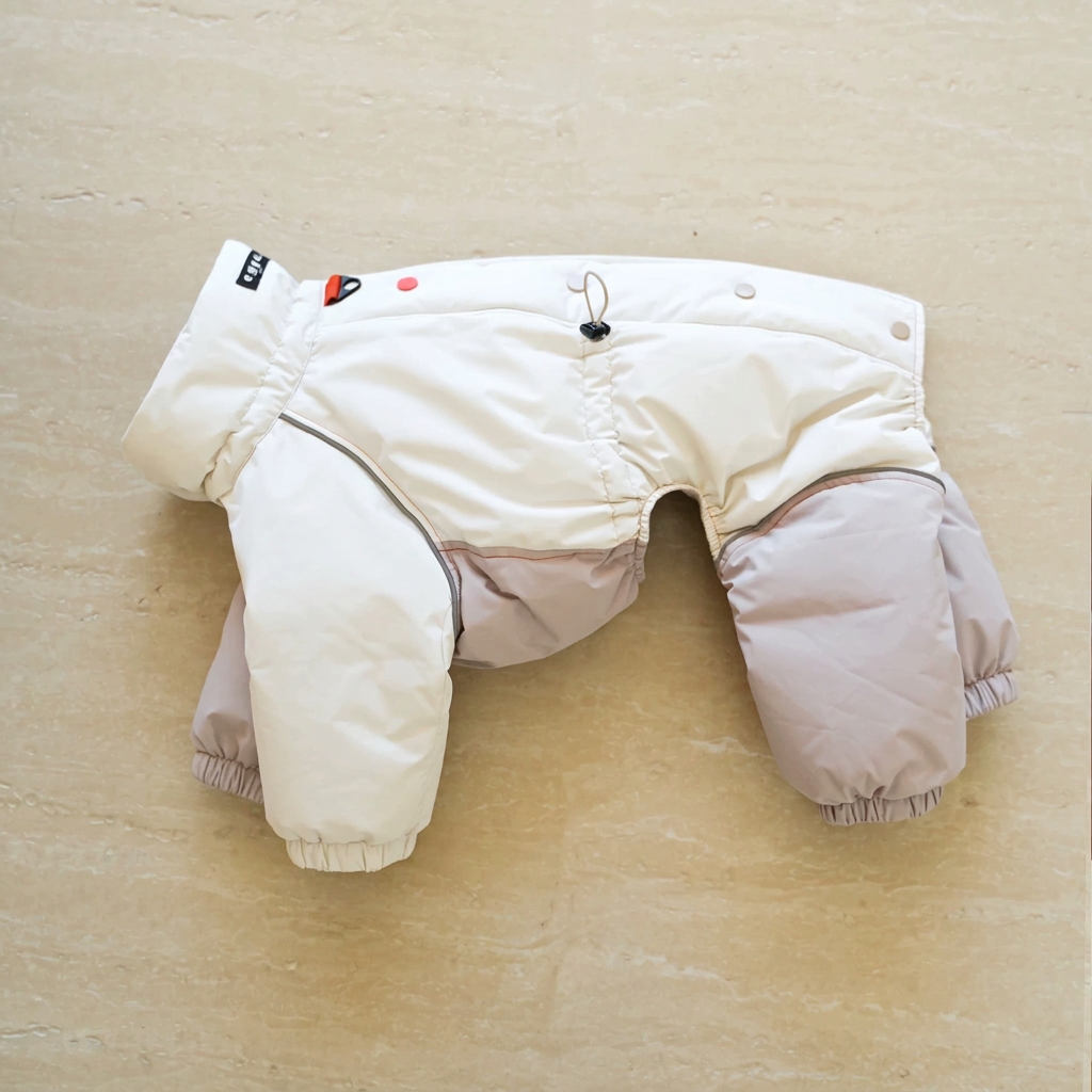 Ivory and pale grey-lilac Autumn Breeze four-leg suit laid flat, showing snap buttons, adjustment cord, piping and sewn collar label.