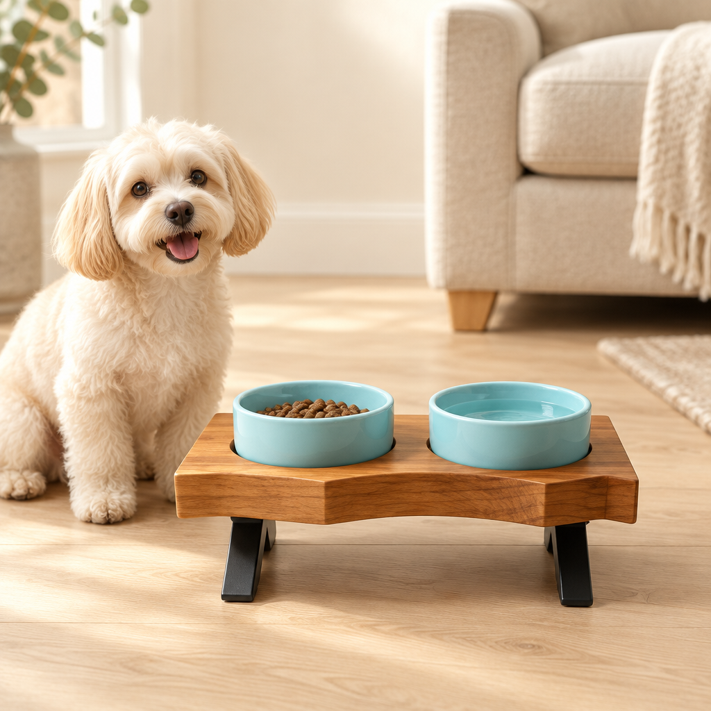 Small dog with blue-bowl feeder