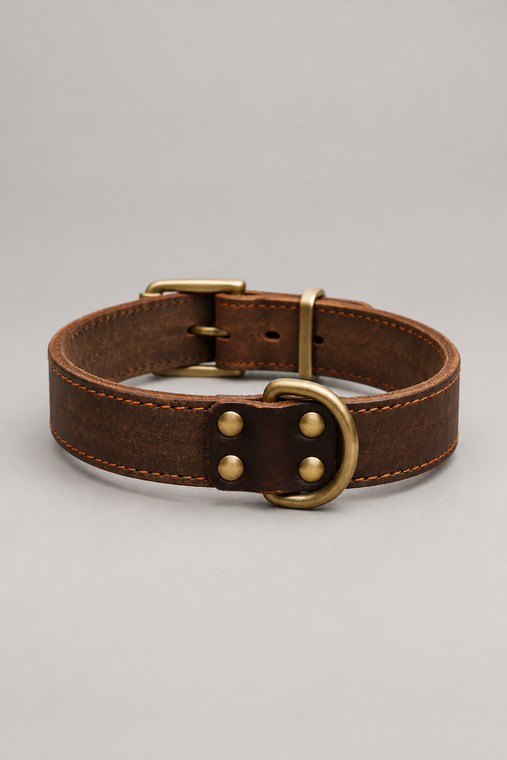 Vintage brown leather dog collar – Distressed Brown Cowhide with Antique Brass