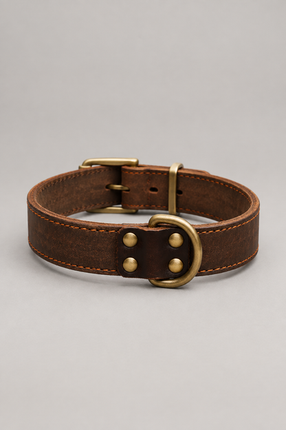 Vintage brown leather dog collar – Distressed Brown Cowhide with Antique Brass