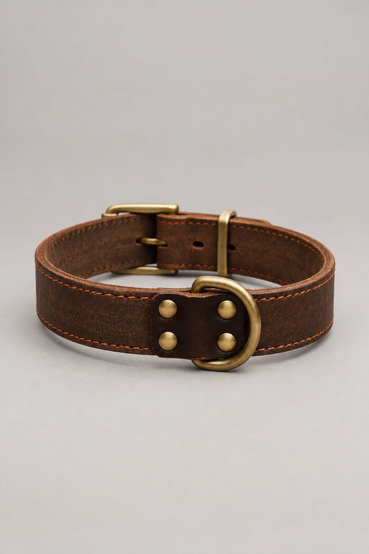 Vintage brown leather dog collar – Distressed Brown Cowhide with Antique Brass