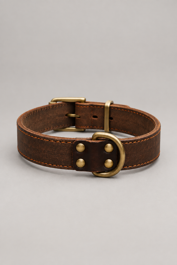Vintage Leather Dog Collar – Distressed Brown Cowhide with Antique Brass