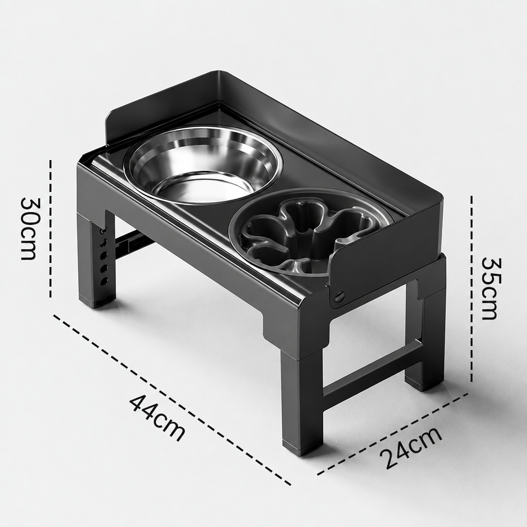 Black adjustable feeder with slow feeder bowl and dimension labels