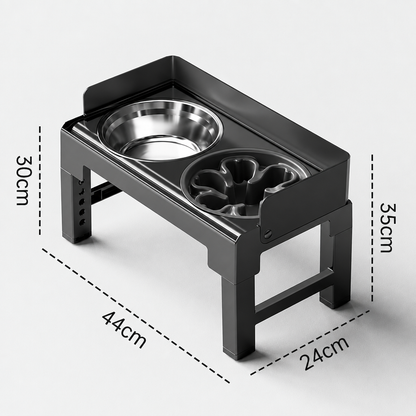 Black adjustable feeder with slow feeder bowl and dimension labels
