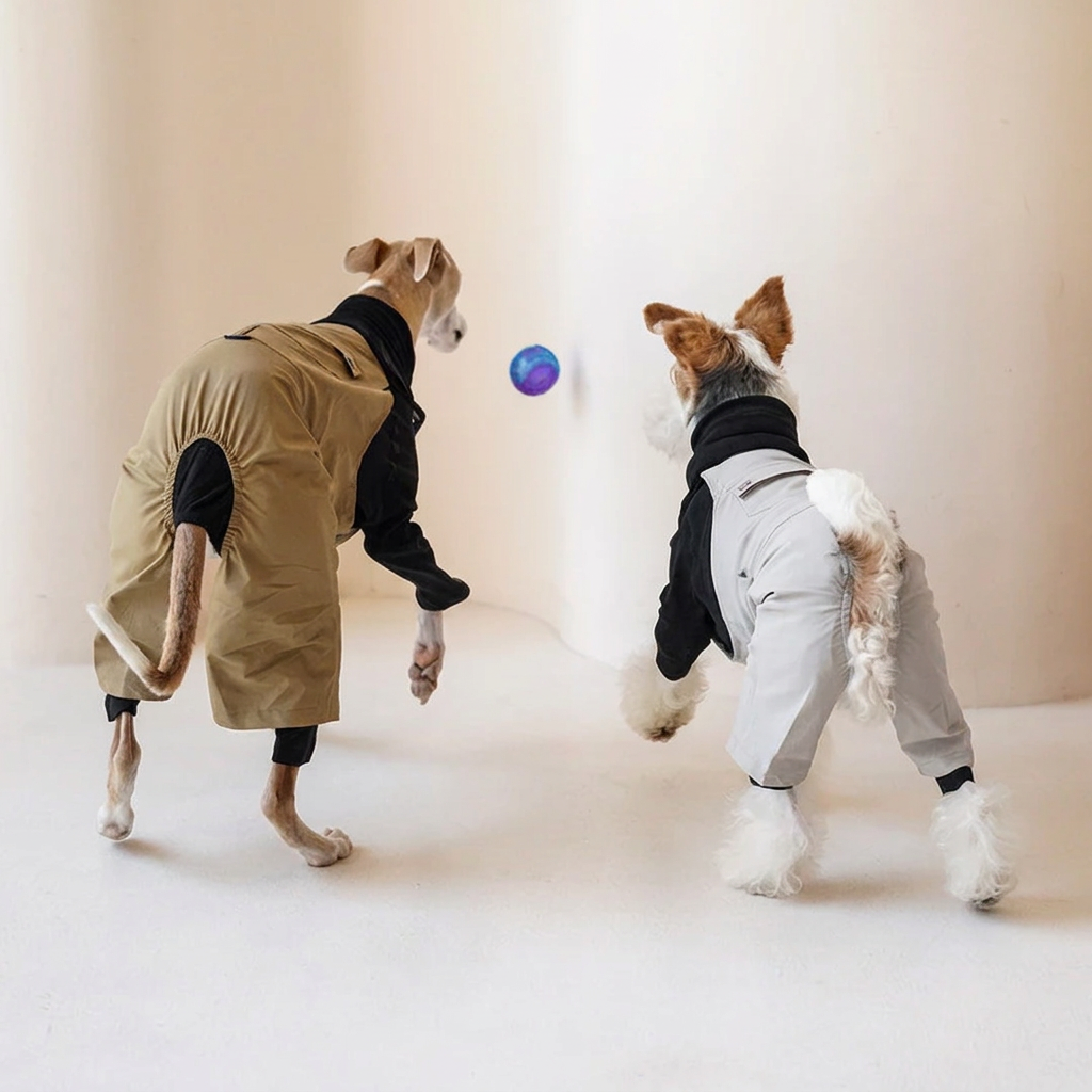 Two dogs playing in Beige and White Urban Explorer rear-leg overalls over separate black tops, showing the rear fit and tail openings.